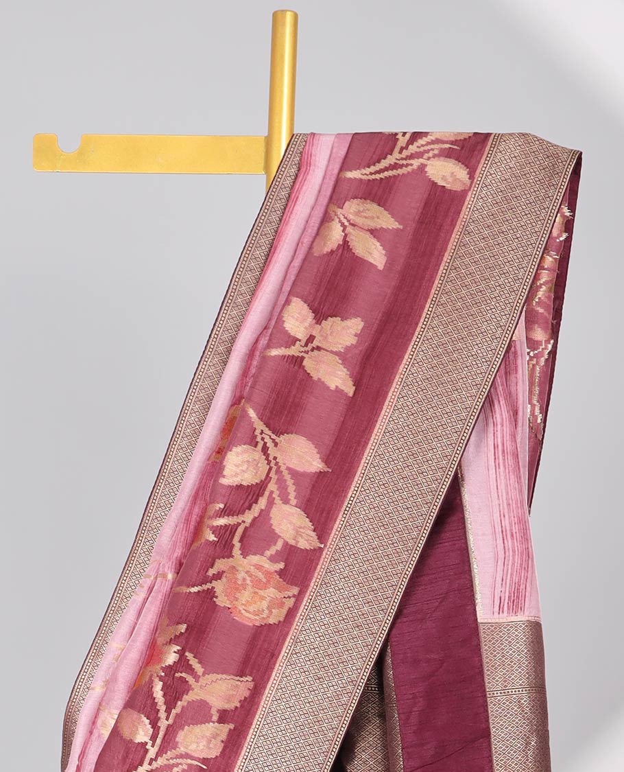 Maroon striped with floral semi-banaras dola silk saree with contrast zari border & pallu of argyle border