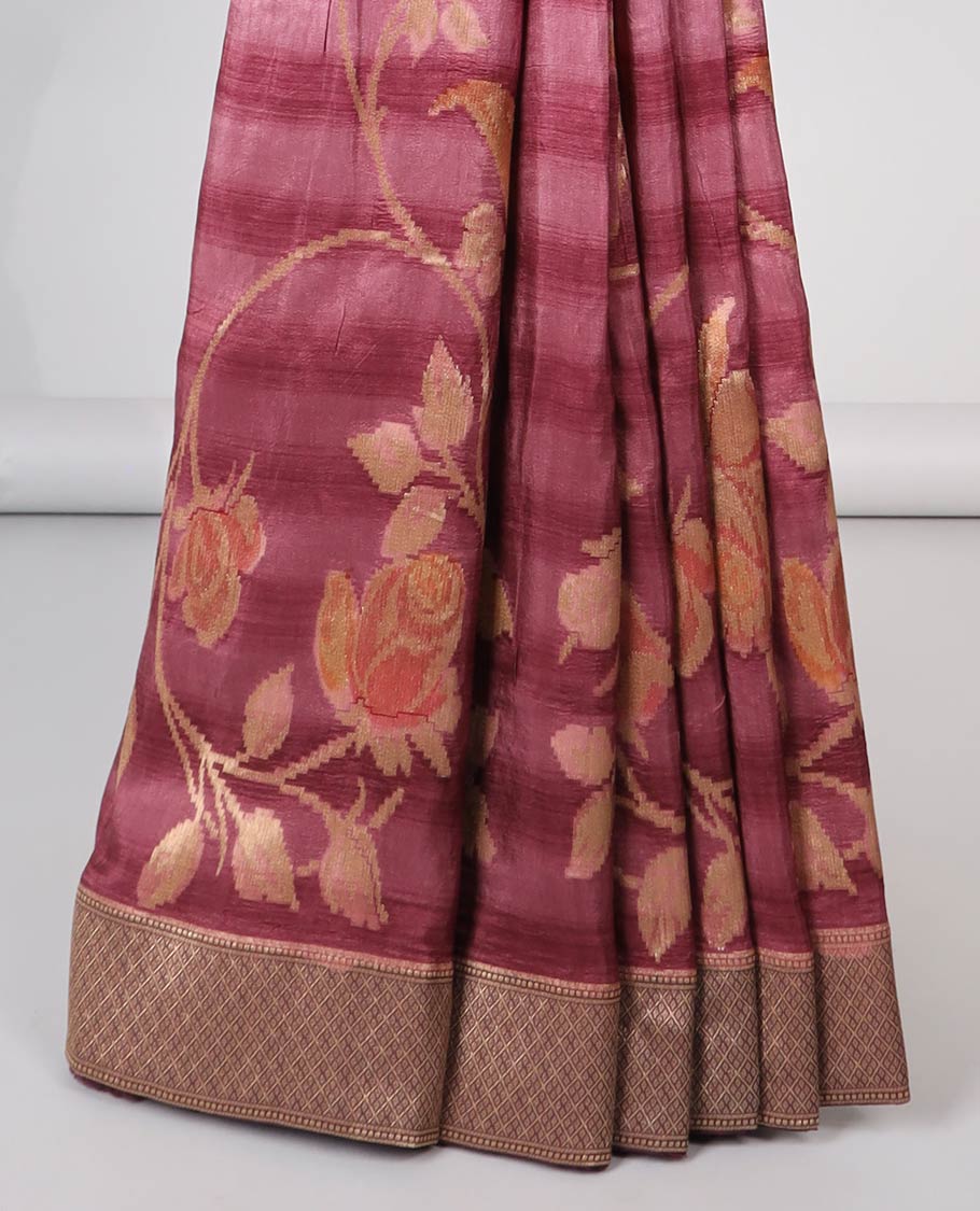 Maroon striped with floral semi-banaras dola silk saree with contrast zari border & pallu of argyle border