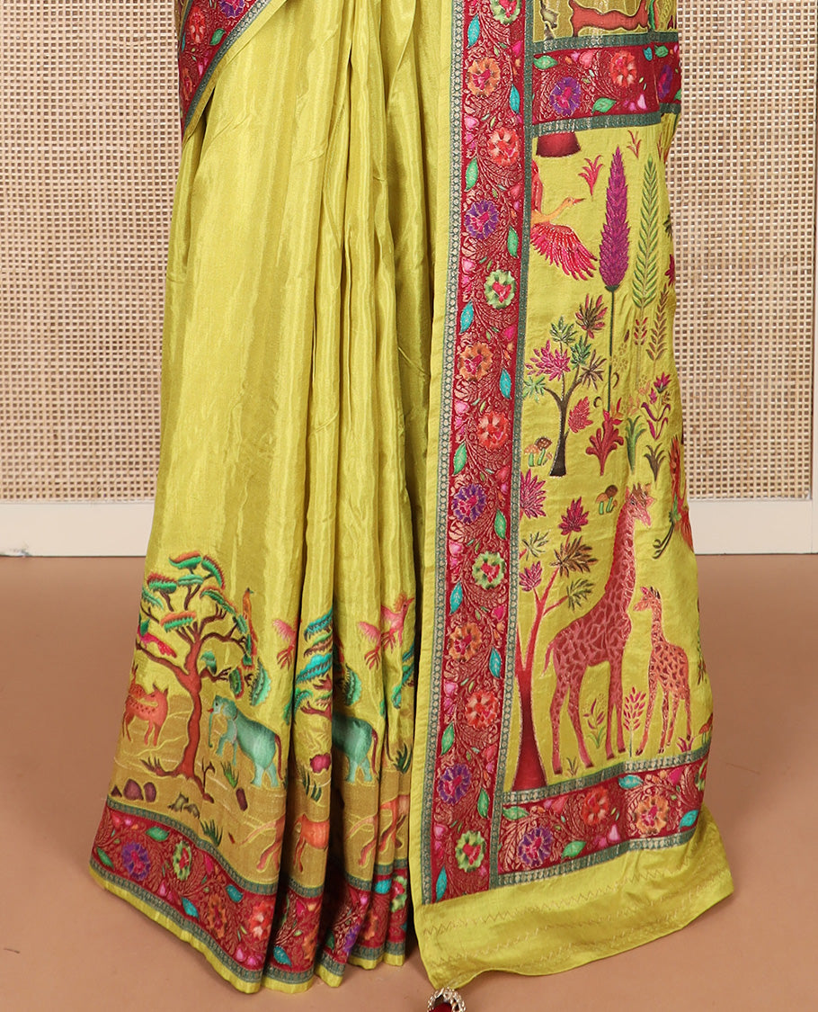 Green Jungle theme digital printed dola silk saree, contrast meenakari floral border, and meenakari floral pallu