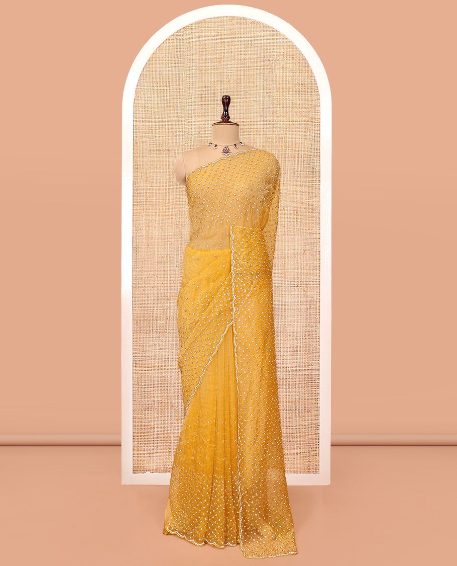 Mustard Organza Glass Tissue Designer Saree With Stonework, a Scallop Border, and a Matching Blouse