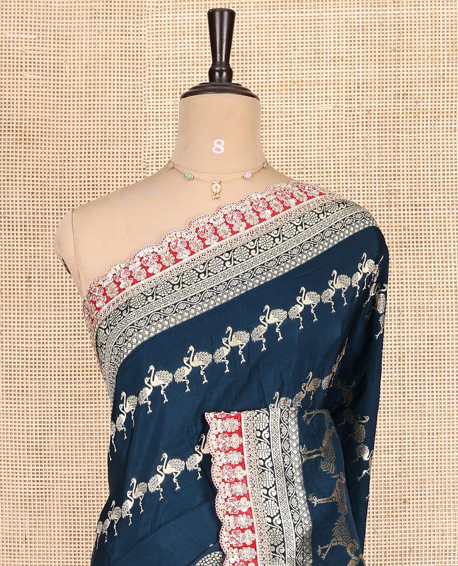 Peacock Blue Bird Buttas Russian Dola Silk Saree,Contrast Patchwork Border,Matching Blouse