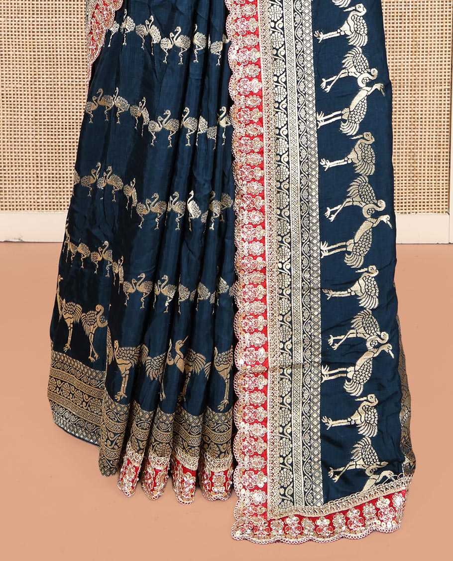 Peacock Blue Bird Buttas Russian Dola Silk Saree,Contrast Patchwork Border,Matching Blouse