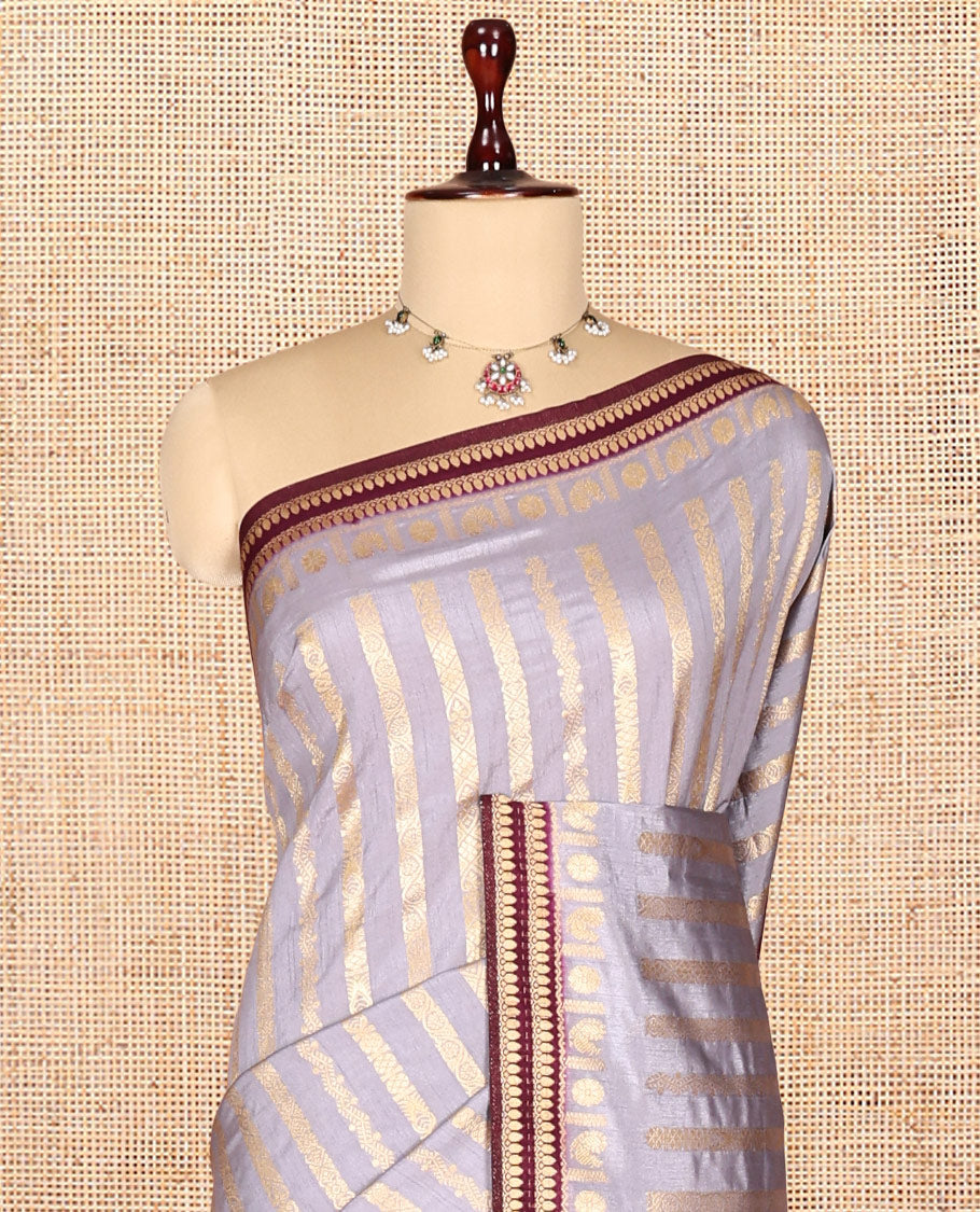 Grey Zari Stripes Fancy Raw Silk Saree, Contrast Traditional Border, Jaal Pallu, and Contrast Blouse