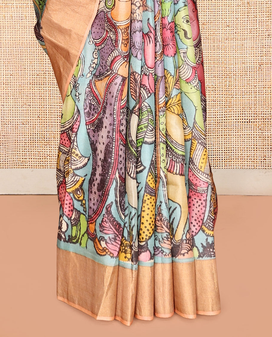 Blue Tussar Kalamkari Saree