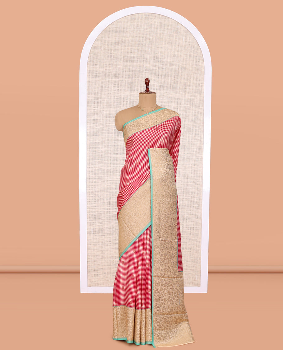 Red Micro Checks Fancy Mysore Silk Saree