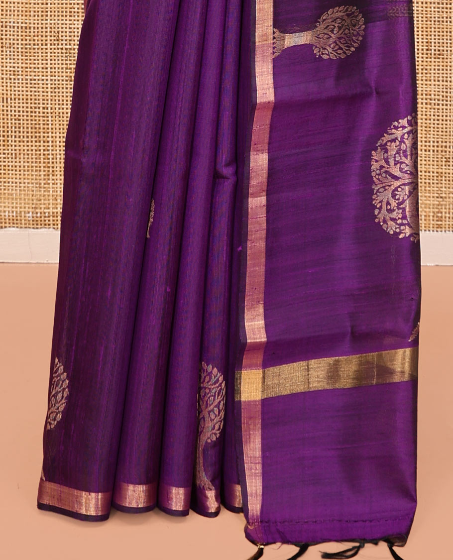 Purple Dupion Silk Saree, Boldly Accentuated with Tree Buttas, a Zari Border, Pallu of Tree Buttas, and a Matching Blouse