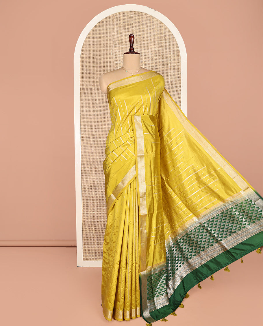 Yellow Dupion Silk Saree, Enriched with Zari Stripes, Highlighted by a Traditional Zari Design Border, Contrast Pallu of Geometric Design, and a Contrast Blouse
