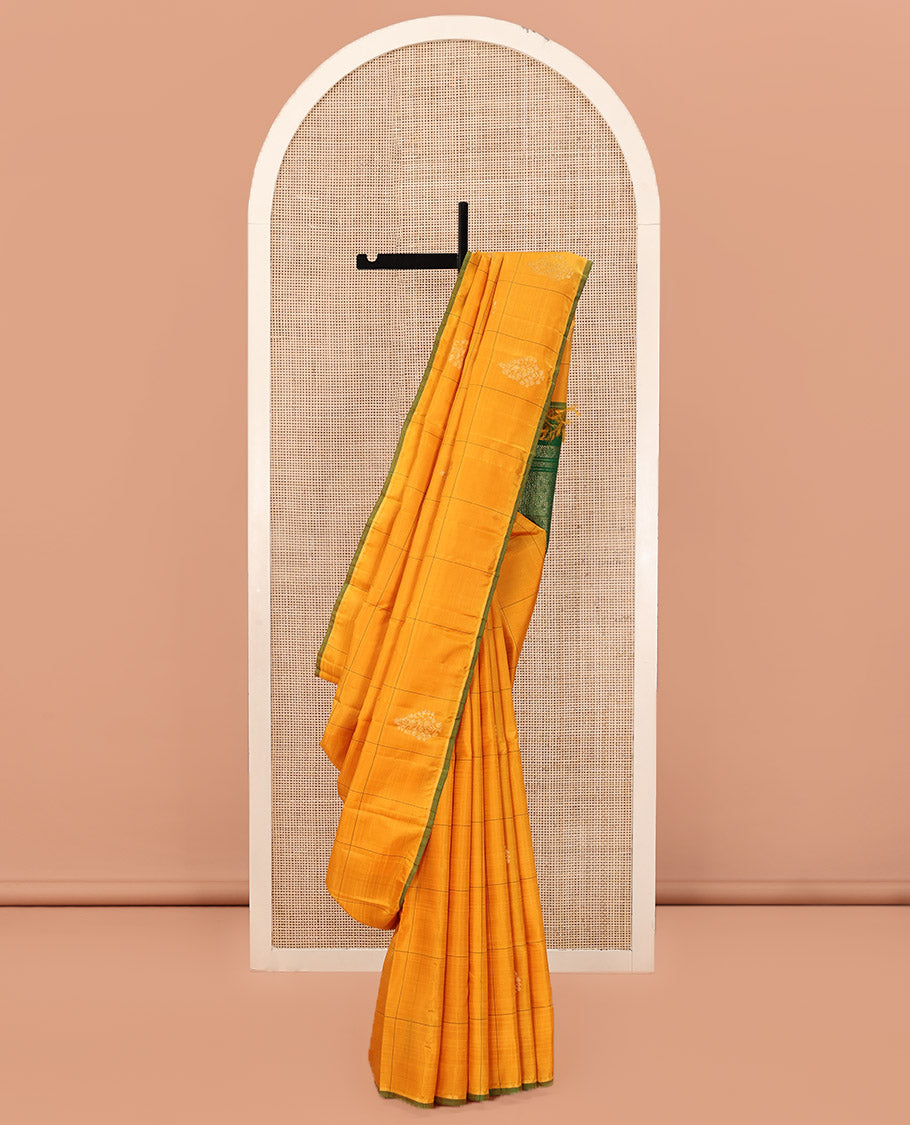 Borderless Mango Yellow Kanchipuram Silk Saree, Enriched with Floral Butta Enclosed, Subtle Zari Piping Border, Captivating Contrast Pallu of Intricate Designs, and Paired with a Contrast Blouse