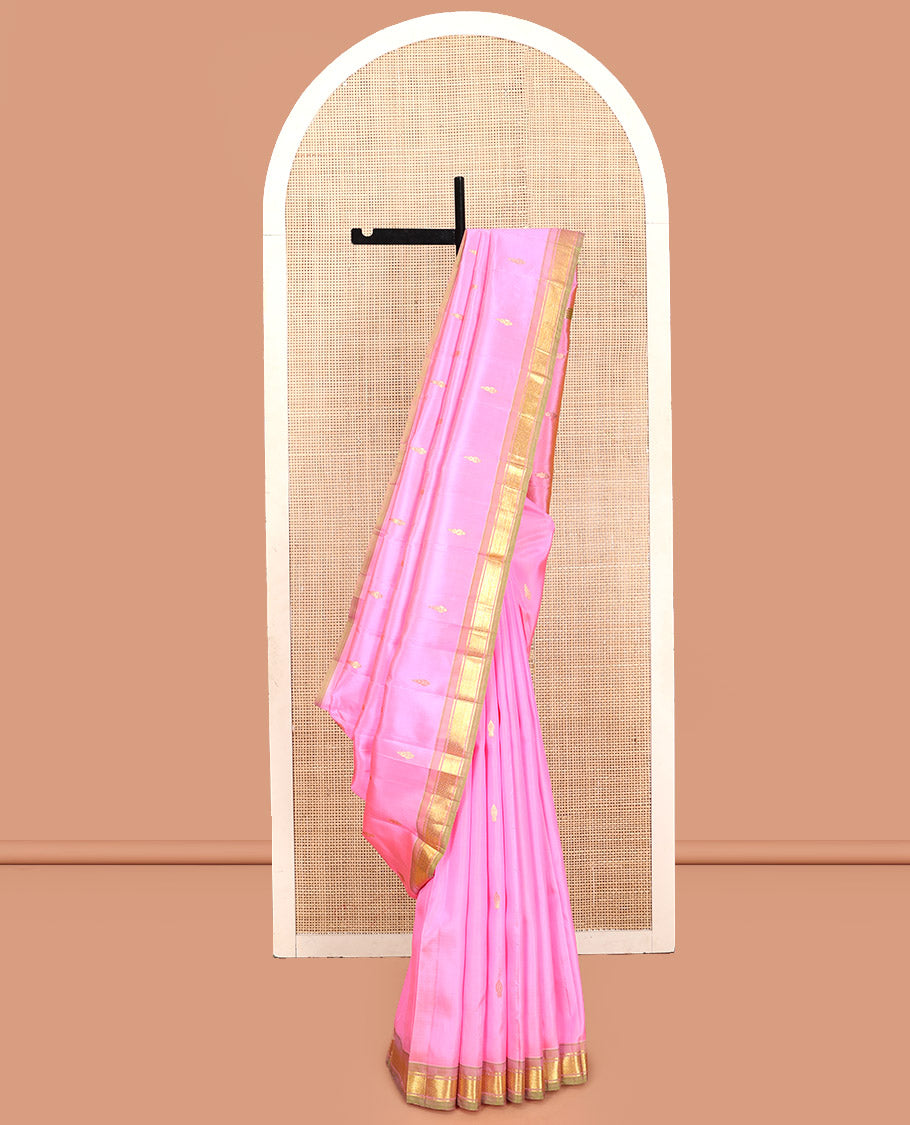 Pink Kanchipuram Silk Saree, Ornamented with Zari Buttas, Contrast Border of Banaras, and Mayil Kann, Pallu of Zari Design, and No Blouse