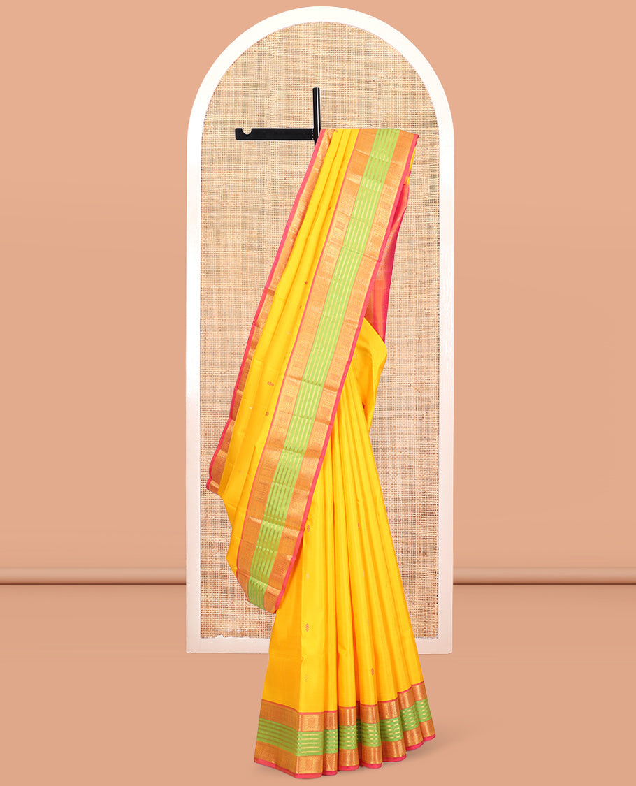 Orange Kanchipuram Silk Saree, Crafted with Thread Buttas, Complemented by Contrast Traditional Zari Border, Grand Pallu, and Contrast Blouse