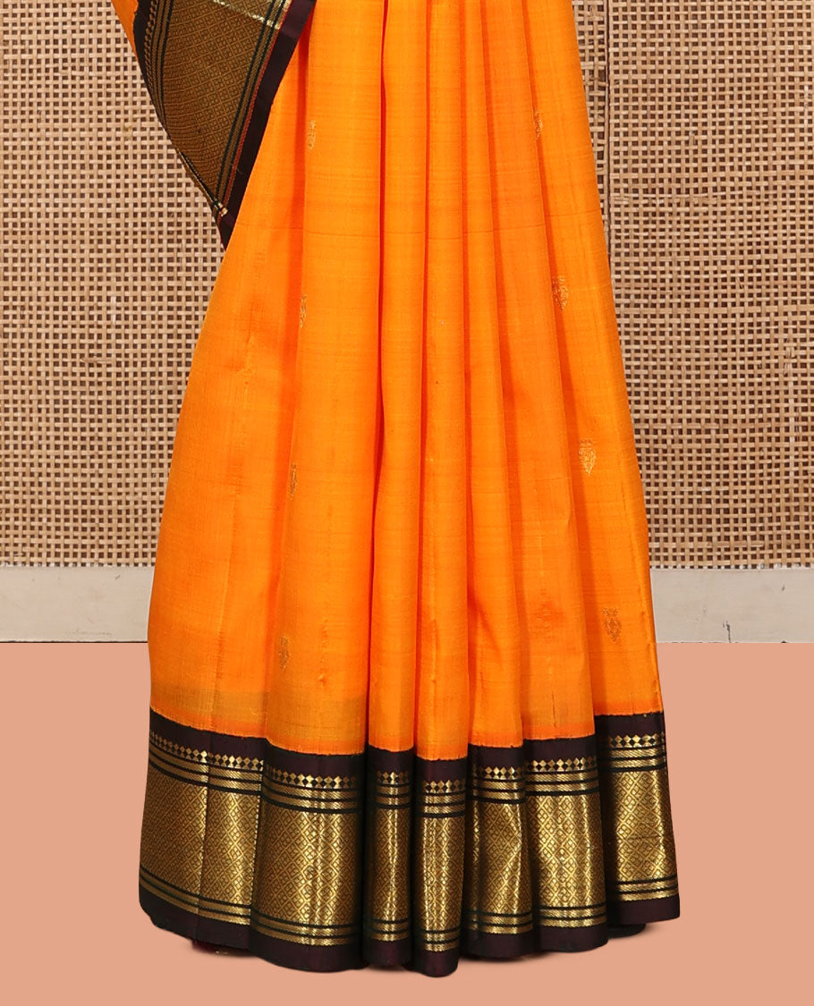 Yellow Kanchipuram Silk Saree, Sparsely Woven with Zari Buttas, a Contrast One-Sided Korvai Border of Panner Sombu, Banaras, and Jaal Designs, a Zari Design Pallu, and No Blouse