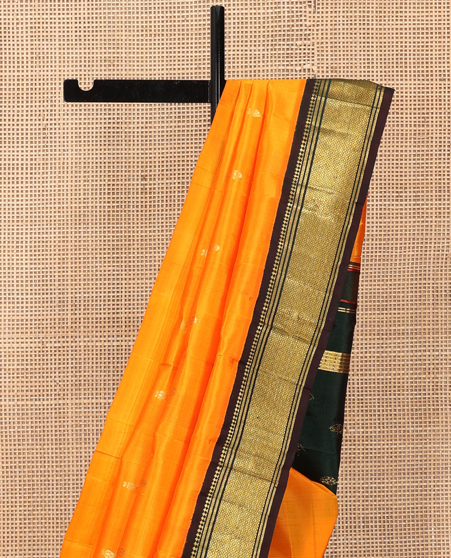 Yellow Kanchipuram Silk Saree, Sparsely Woven with Zari Buttas, a Contrast One-Sided Korvai Border of Panner Sombu, Banaras, and Jaal Designs, a Zari Design Pallu, and No Blouse