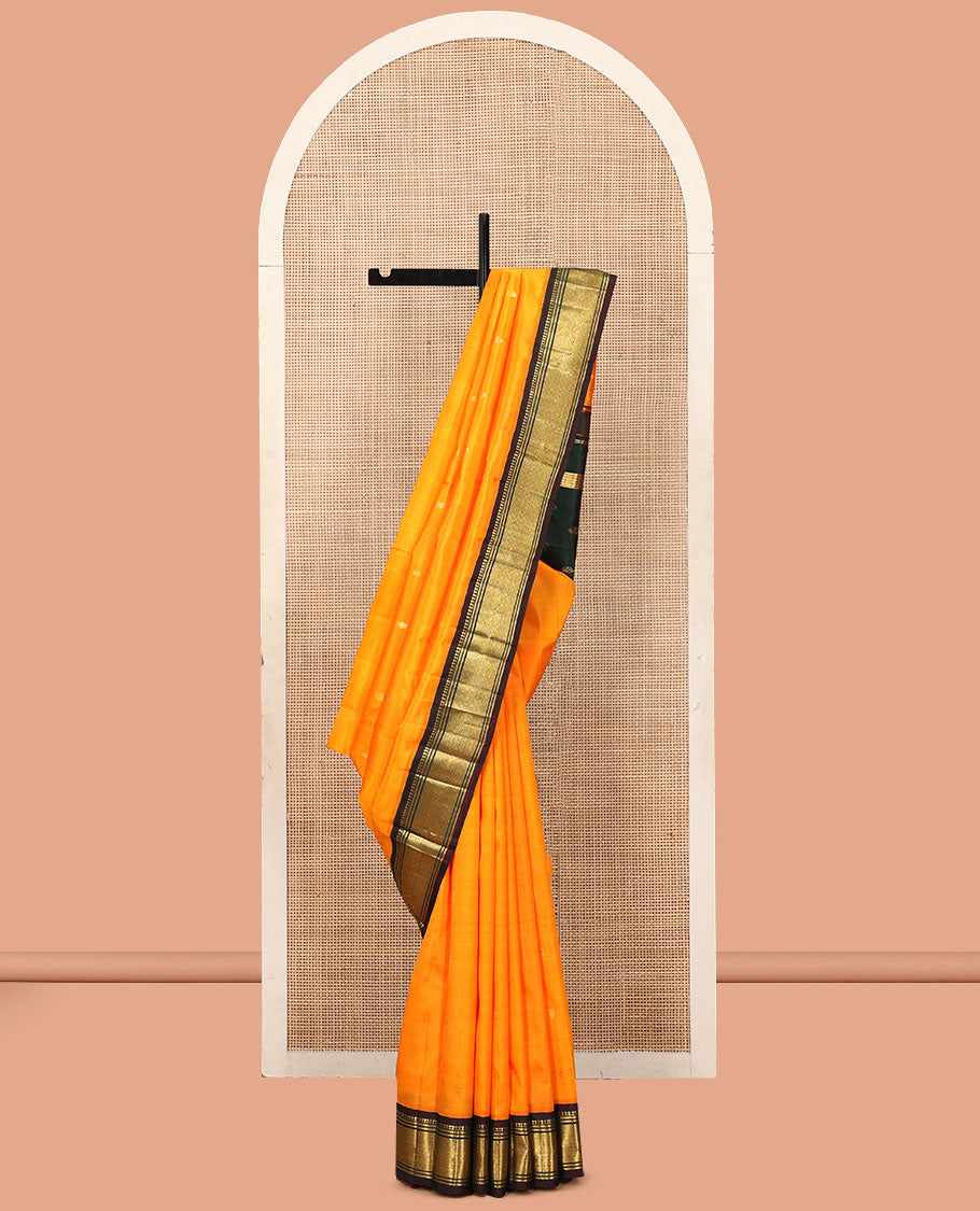 Yellow Kanchipuram Silk Saree, Sparsely Woven with Zari Buttas, a Contrast One-Sided Korvai Border of Panner Sombu, Banaras, and Jaal Designs, a Zari Design Pallu, and No Blouse