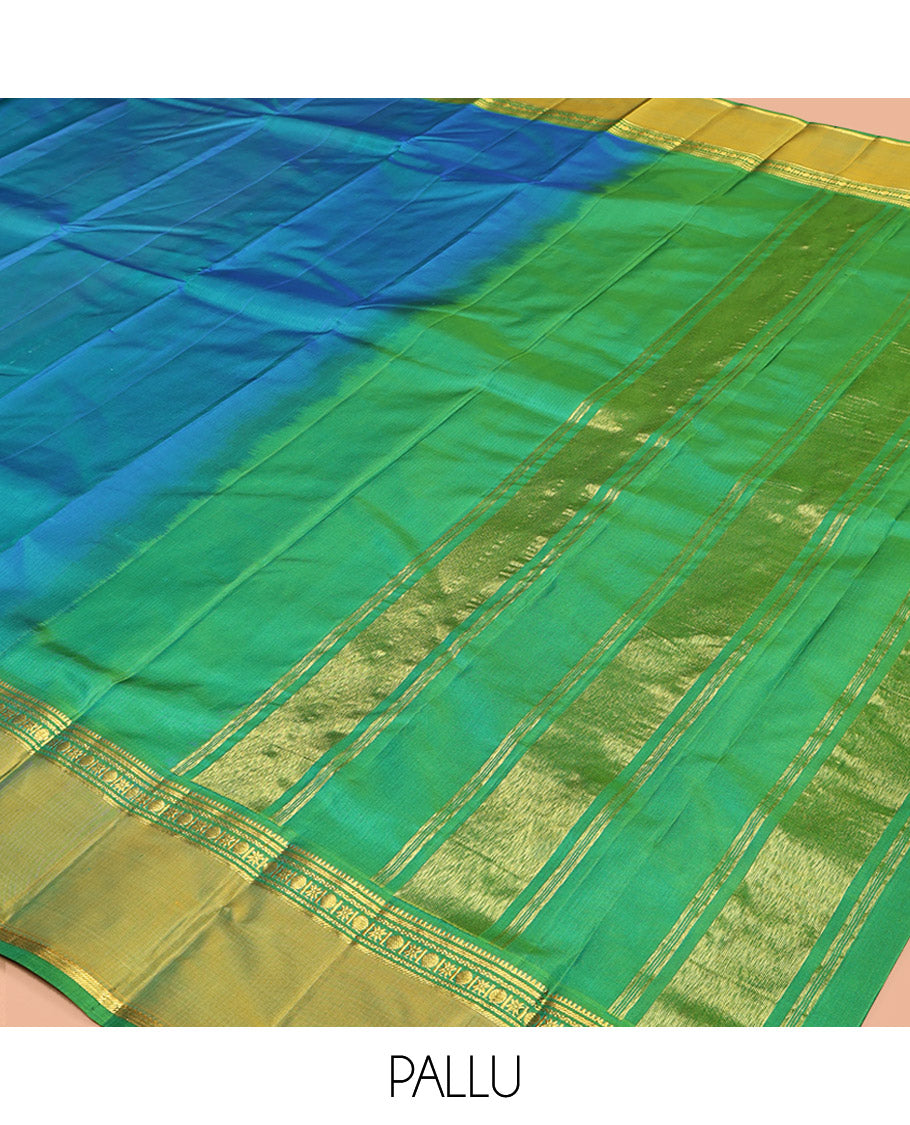 Blue Plain Kanchipuram Silk Saree, Complemented by a Contrast Rettai Pettu Border of Rekku, Banaras, Rudraksham, and Star Designs, Zari Striped Pallu, and Paired with a Contrast Blouse