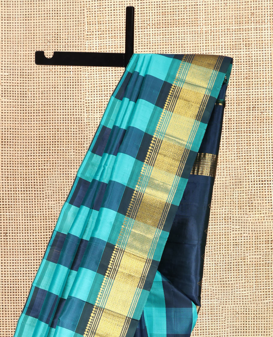 Multi-Color Checked Kanchipuram Silk Saree, Highlighted by a Zari One-Sided Border of Panner Sombu, Banaras, Muthu, and Jaal Designs, Zari Design Pallu, and a No Blouse