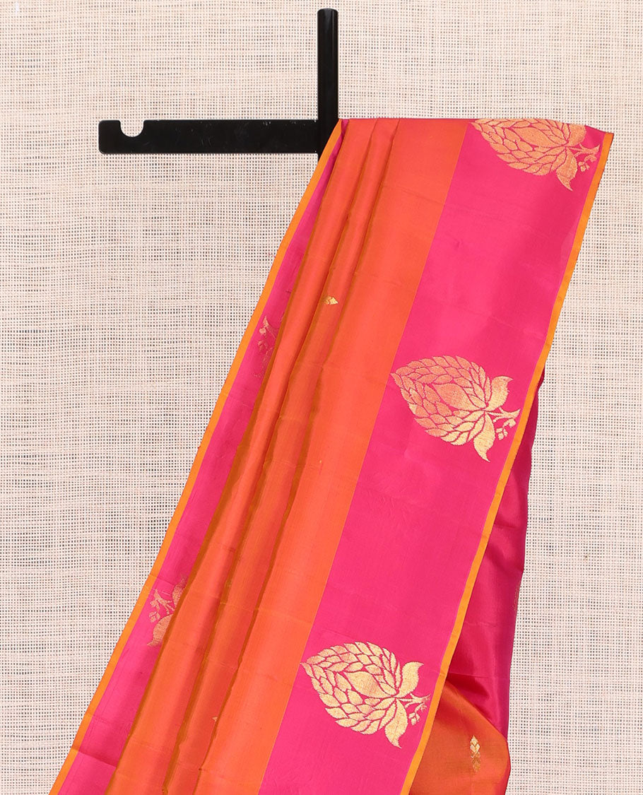 Orange Kanchipuram Silk Saree, Woven with Zari Buttas, Complemented by Contrast Zari Motif Border, Pallu of Zari Design, and a Contrast Blouse