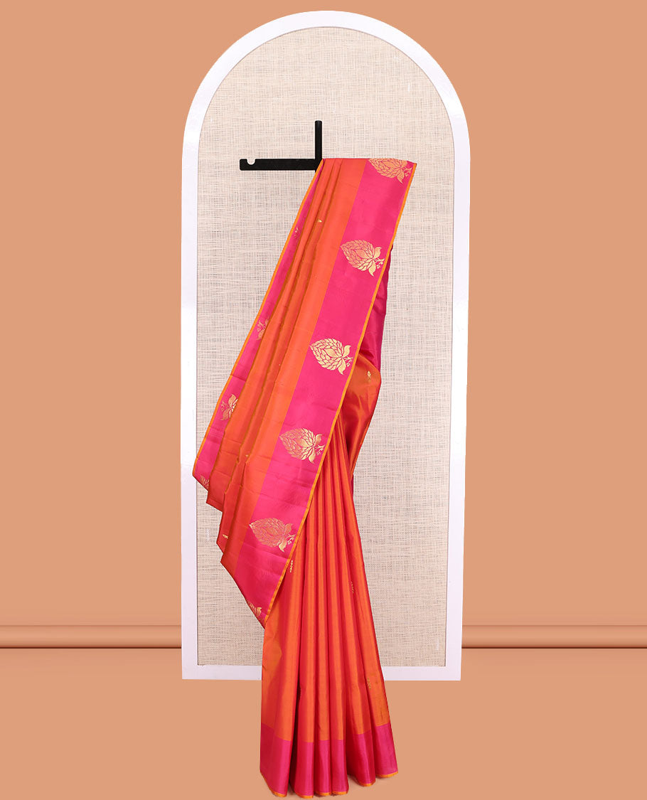 Orange Kanchipuram Silk Saree, Woven with Zari Buttas, Complemented by Contrast Zari Motif Border, Pallu of Zari Design, and a Contrast Blouse