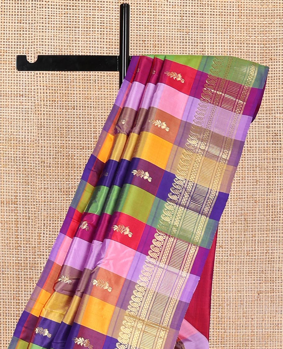 Multi-color checked, floral design kancheepuram silk saree with contrast border of paisley, banaras design & zari design pallu