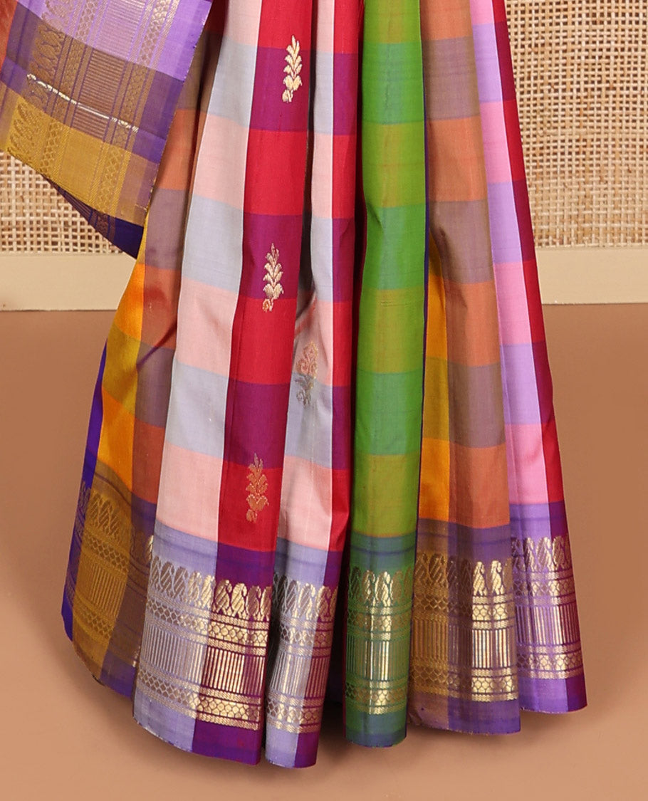 Multi-color checked, floral design kancheepuram silk saree with contrast border of paisley, banaras design & zari design pallu