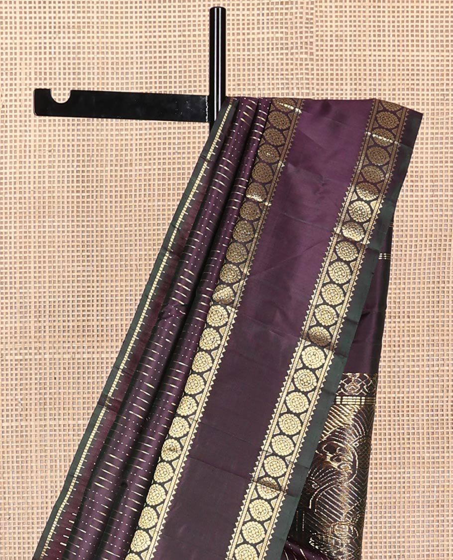 Violet geometric design kancheepuram silk saree with contrast rettai pettu border of rekku, banaras, poo chakram design & zari design pallu