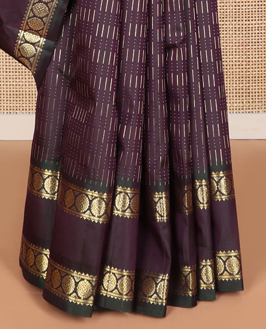Violet geometric design kancheepuram silk saree with contrast rettai pettu border of rekku, banaras, poo chakram design & zari design pallu