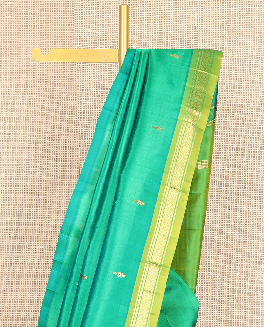 Green zari buttas Kanchipuram silk saree, contrast one-sided border of banaras, neli & jaal & zari design pallu