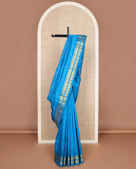 Blue zari buttas kanchipuram silk saree, one-sided zari border of salngai,banaras,vanki & poun & zari design  pallu