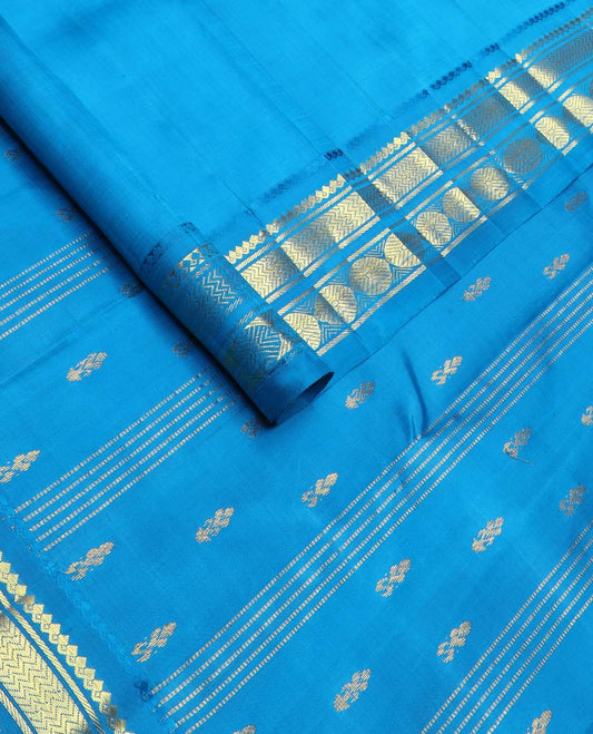 Blue zari buttas kanchipuram silk saree, one-sided zari border of salngai,banaras,vanki & poun & zari design  pallu
