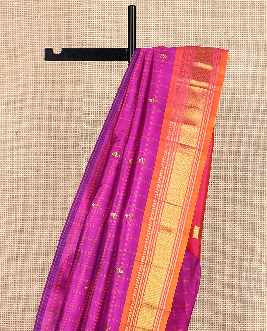 Pink checked & zari buttas Kanchipuram silk saree, contrast border of panner sombu, banaras, muthu & jaal design & zari design pallu