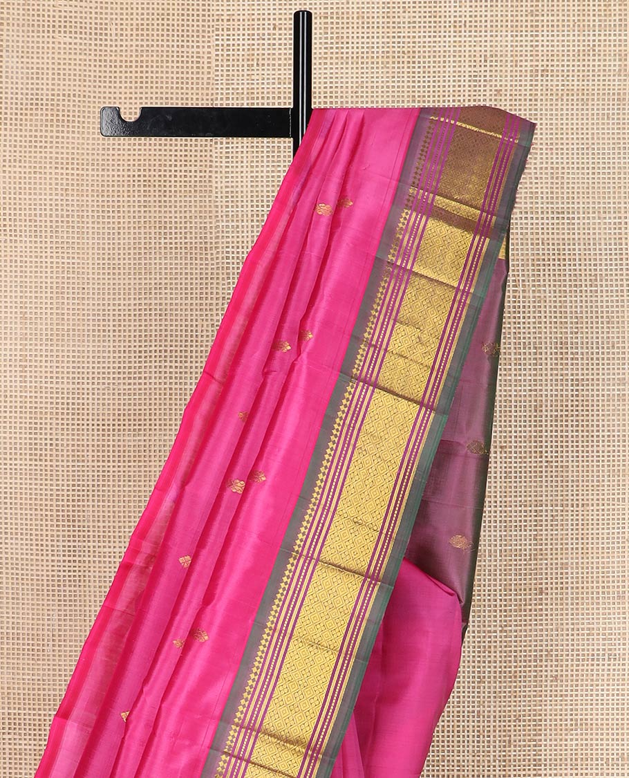 Rani pink zari buttas silk saree, contrast one-sided border of panner sombu,muthu,banaras & jaal & zari design pallu