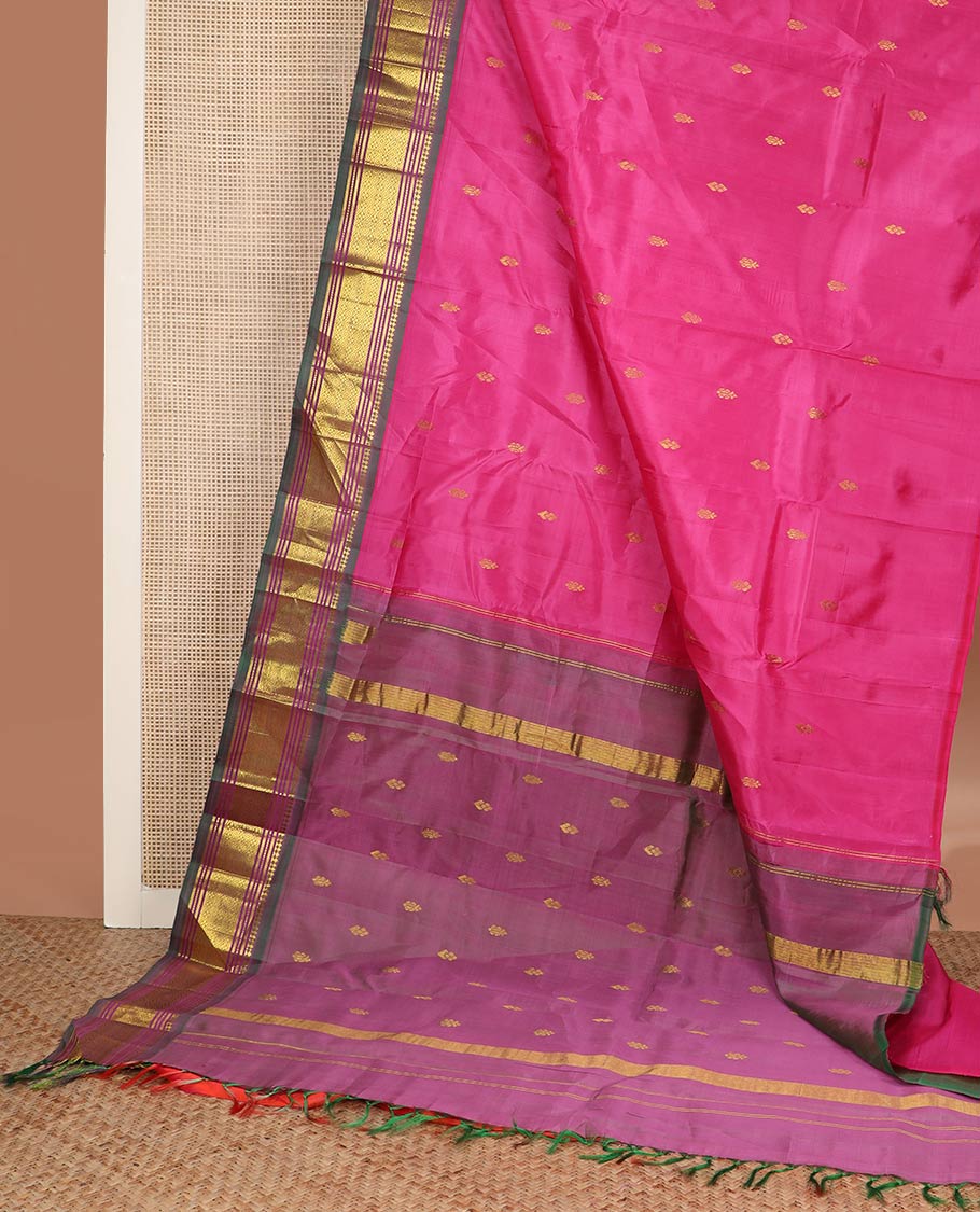 Rani pink zari buttas silk saree, contrast one-sided border of panner sombu,muthu,banaras & jaal & zari design pallu