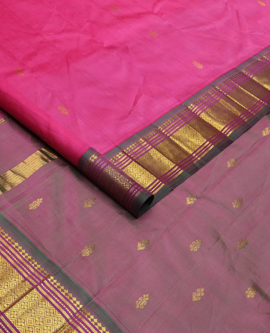Rani pink zari buttas silk saree, contrast one-sided border of panner sombu,muthu,banaras & jaal & zari design pallu