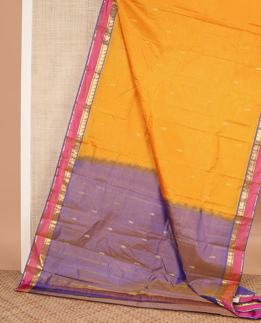 Yellow striped and buttas Kanchipuram silk saree, contrast rettai pettu border of vanki manga, and kathir designs, and zari design pallu