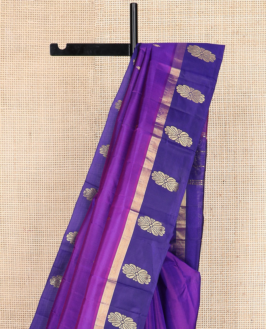 Purple zari buttas Kanchipuram silk saree, contrast floral zari design border, and zari design pallu