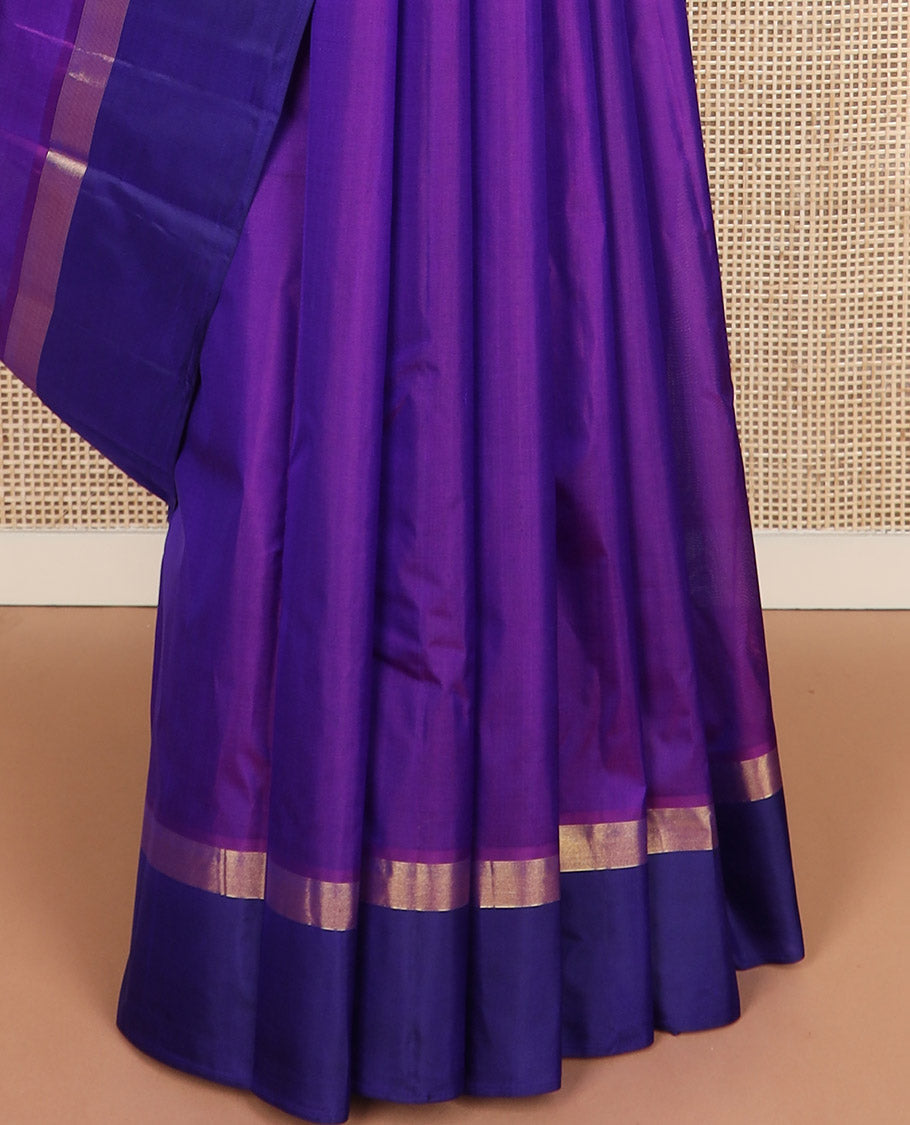 Purple zari buttas Kanchipuram silk saree, contrast floral zari design border, and zari design pallu