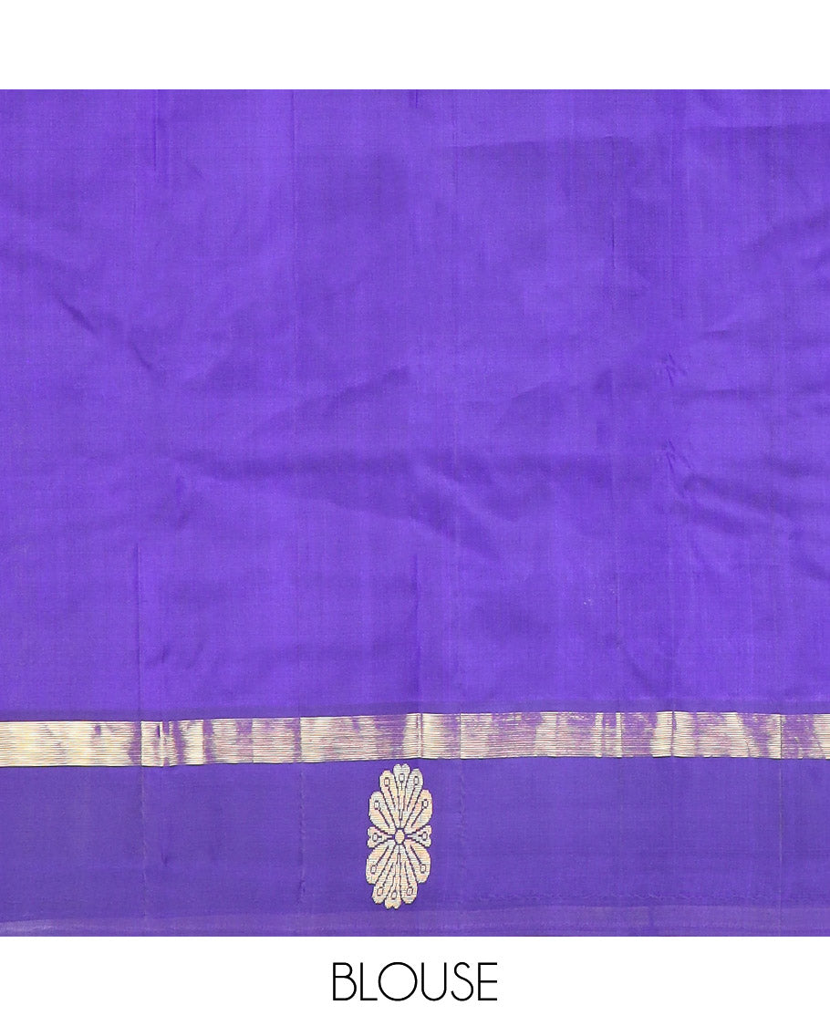 Purple zari buttas Kanchipuram silk saree, contrast floral zari design border, and zari design pallu