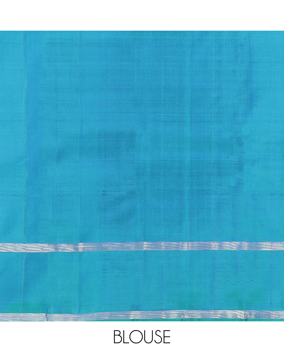 Blue zari striped Kanchipuram silk saree, contrast rettai pettu zari striped border, and jaal pallu