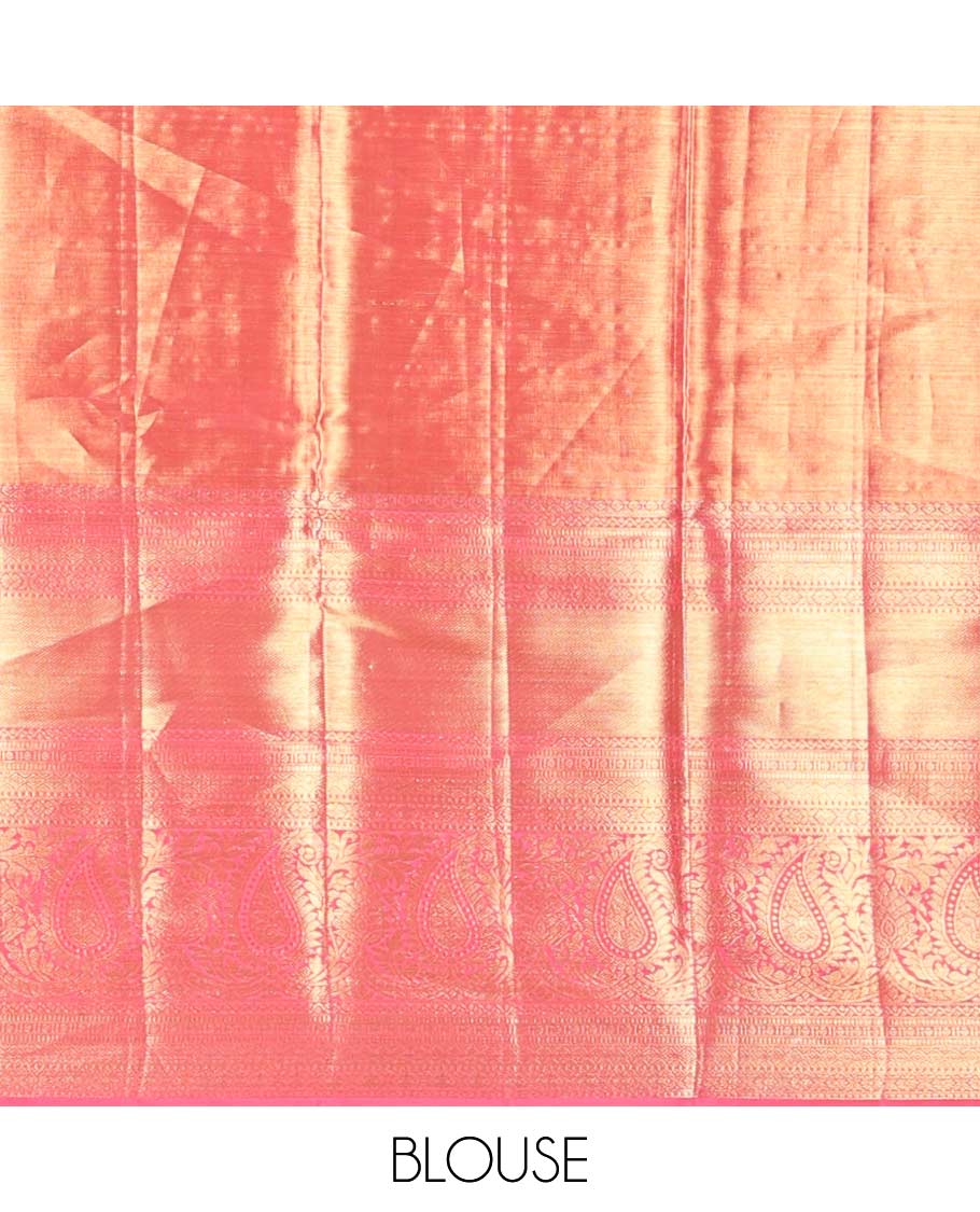 Red abstract design kancheepuram silk saree with contrast border of intricate zari design & argyle design pallu