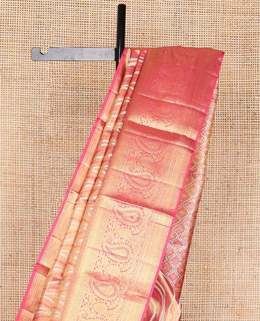 Red abstract design kancheepuram silk saree with contrast border of intricate zari design & argyle design pallu