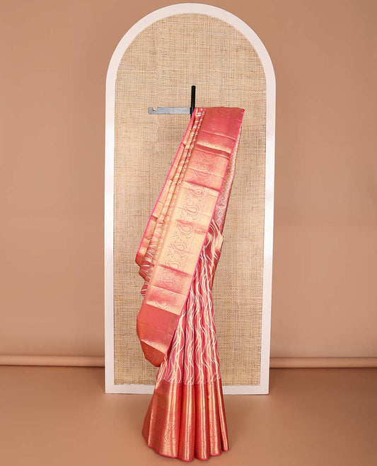 Red abstract design kancheepuram silk saree with contrast border of intricate zari design & argyle design pallu