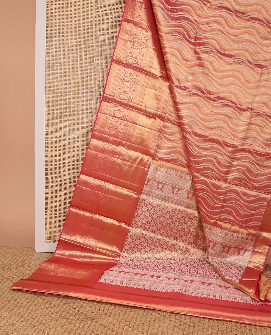 Red abstract design kancheepuram silk saree with contrast border of intricate zari design & argyle design pallu