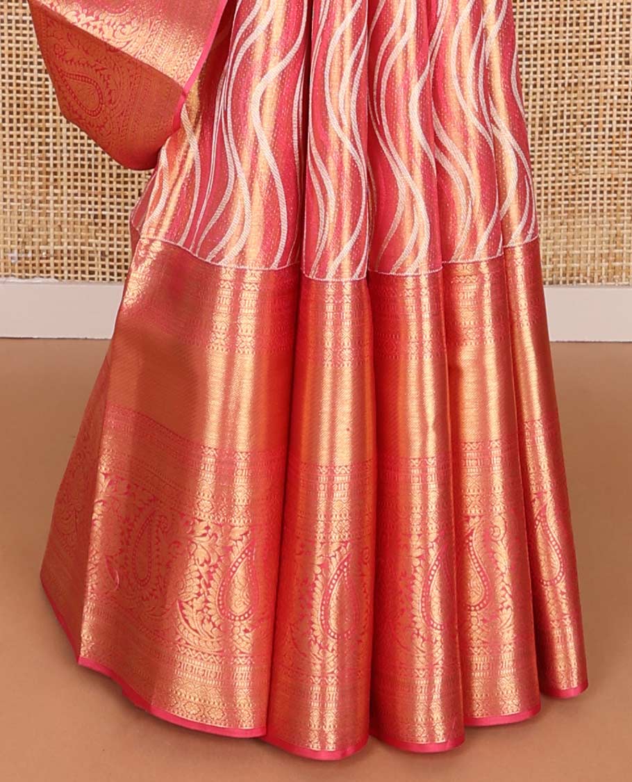 Red abstract design kancheepuram silk saree with contrast border of intricate zari design & argyle design pallu
