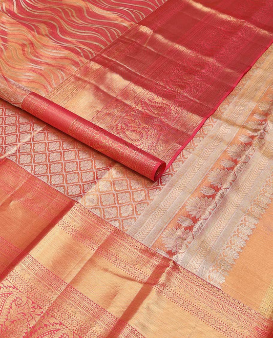 Red abstract design kancheepuram silk saree with contrast border of intricate zari design & argyle design pallu