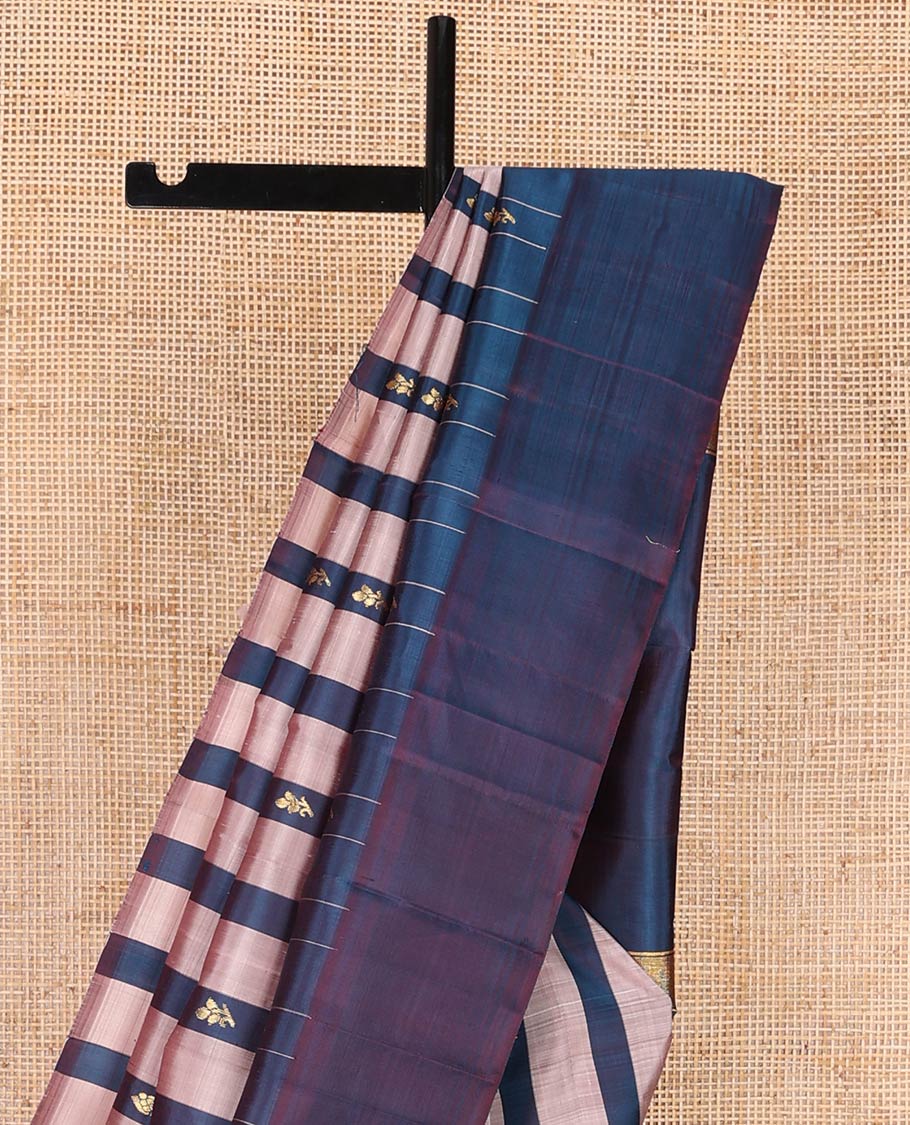Blue & pink striped kancheepuram silk saree with floral zari buttas, one-sided plain border & zari design pallu