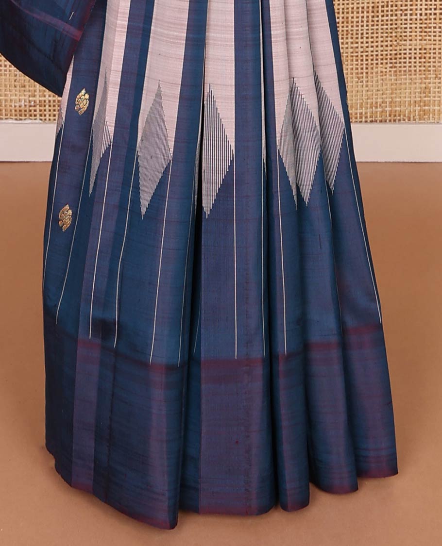 Blue & pink striped kancheepuram silk saree with floral zari buttas, one-sided plain border & zari design pallu