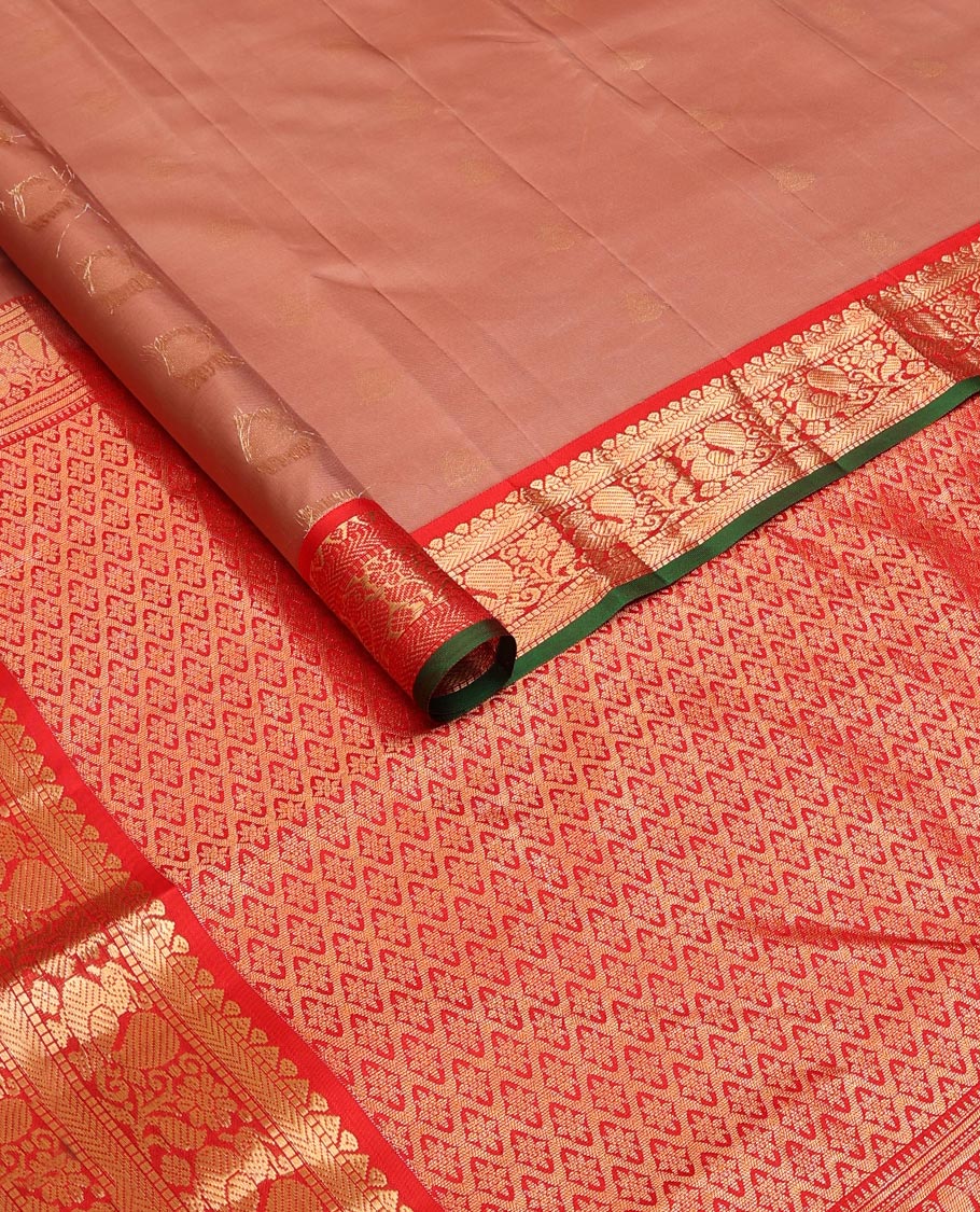 Rosewood pink plain silk saree, contrast border of rekku,muthu,kathir & mayil & jaal pallu