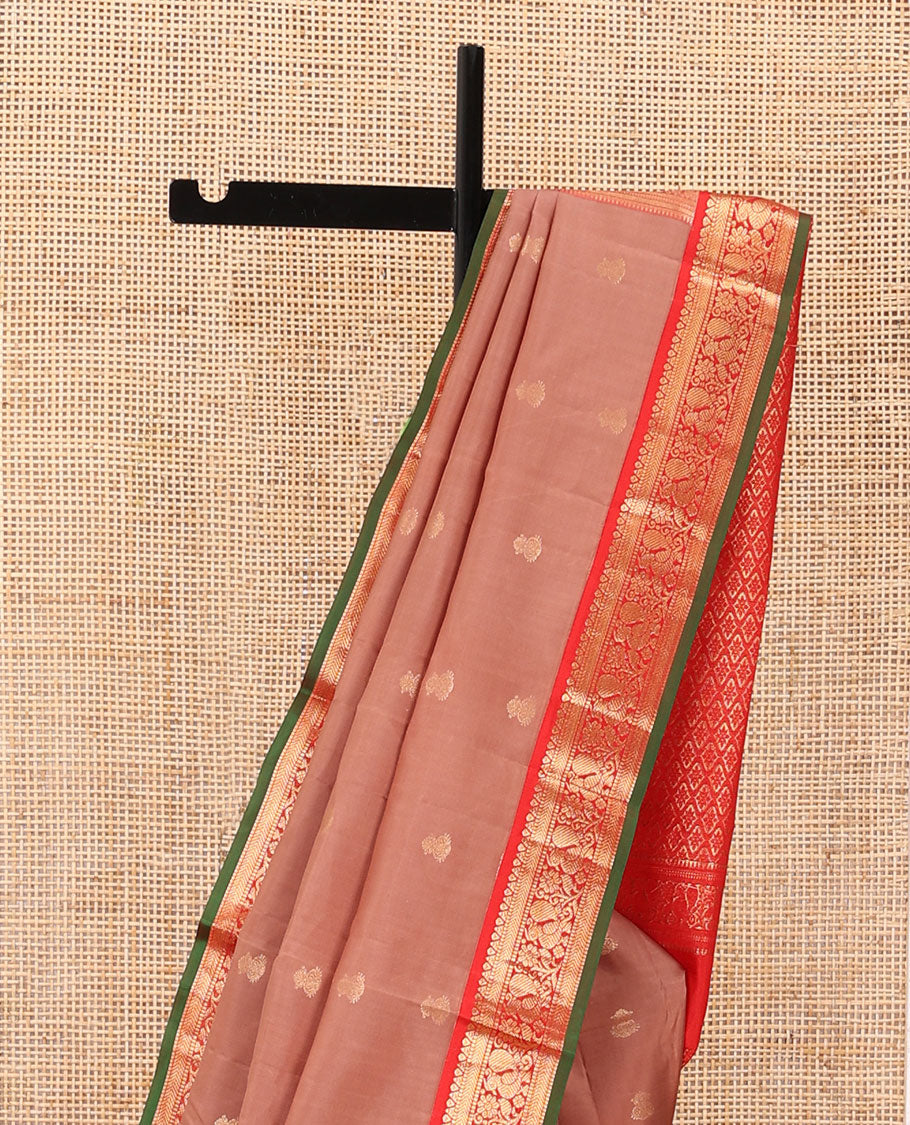 Rosewood pink plain silk saree, contrast border of rekku,muthu,kathir & mayil & jaal pallu