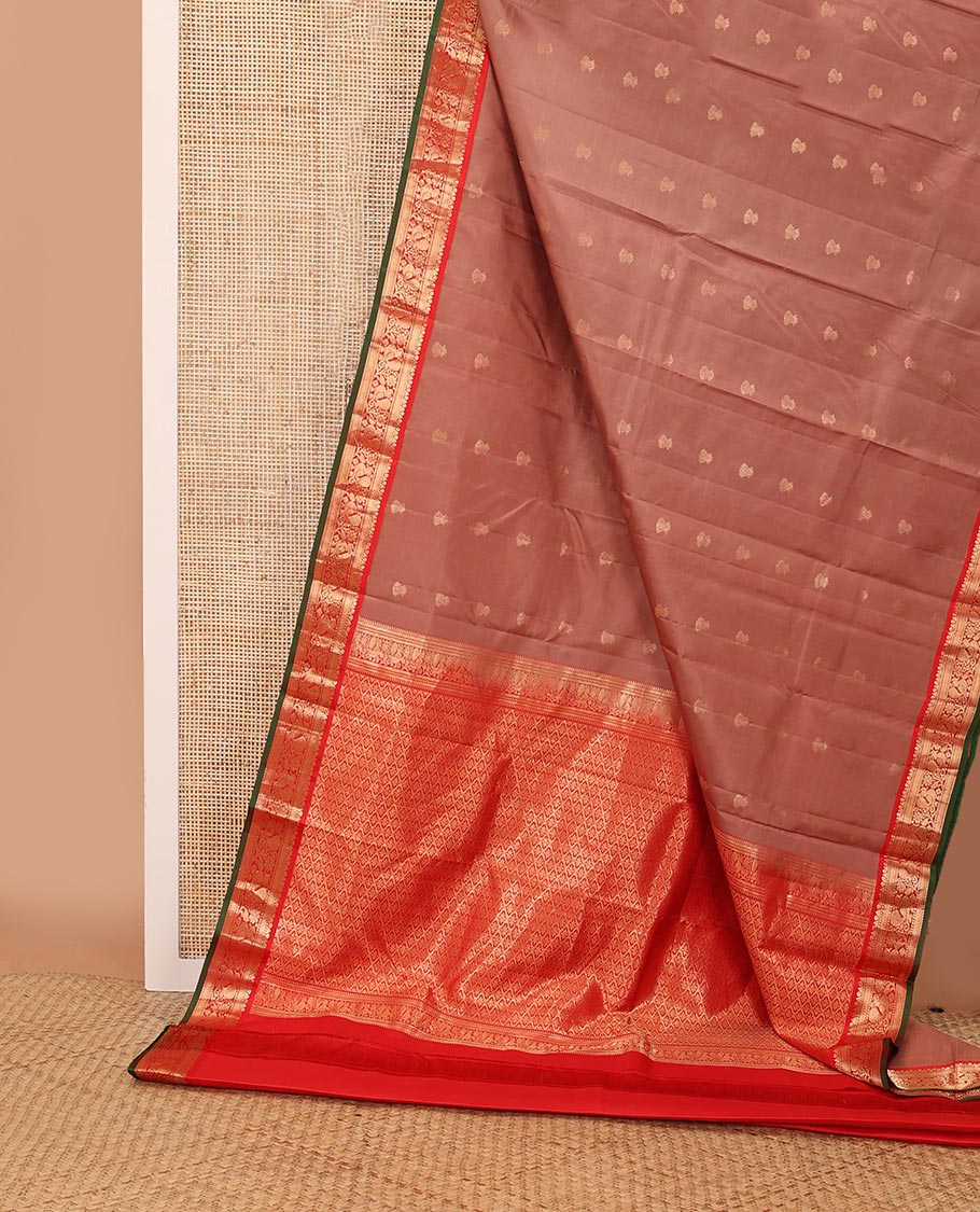 Rosewood pink plain silk saree, contrast border of rekku,muthu,kathir & mayil & jaal pallu