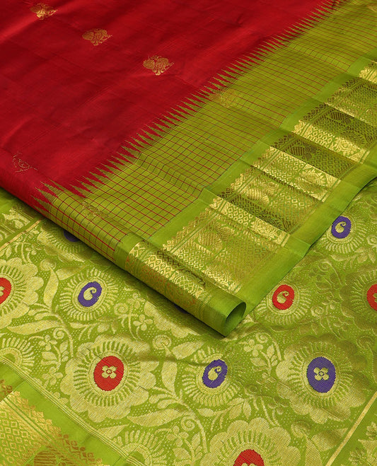 Red zari Buttas Kanchipuram silk saree, contrast one-sided thazampoo rekku checked mayil chakram border & floral jaal meenakari pallu