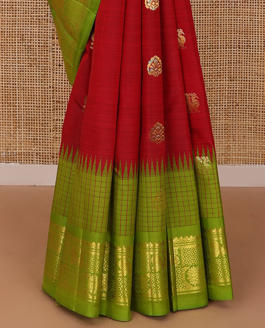Red zari Buttas Kanchipuram silk saree, contrast one-sided thazampoo rekku checked mayil chakram border & floral jaal meenakari pallu